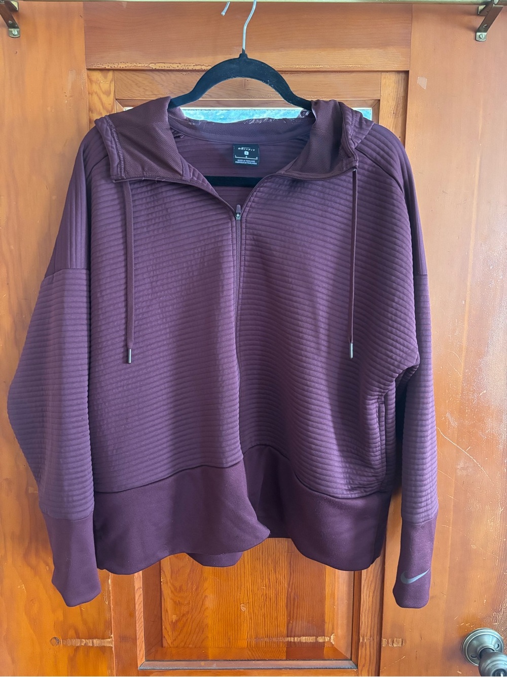 Nike Womens LG Zip Up jacket Maroon Ribbed Dri Fit Just Do It Long Sleeve